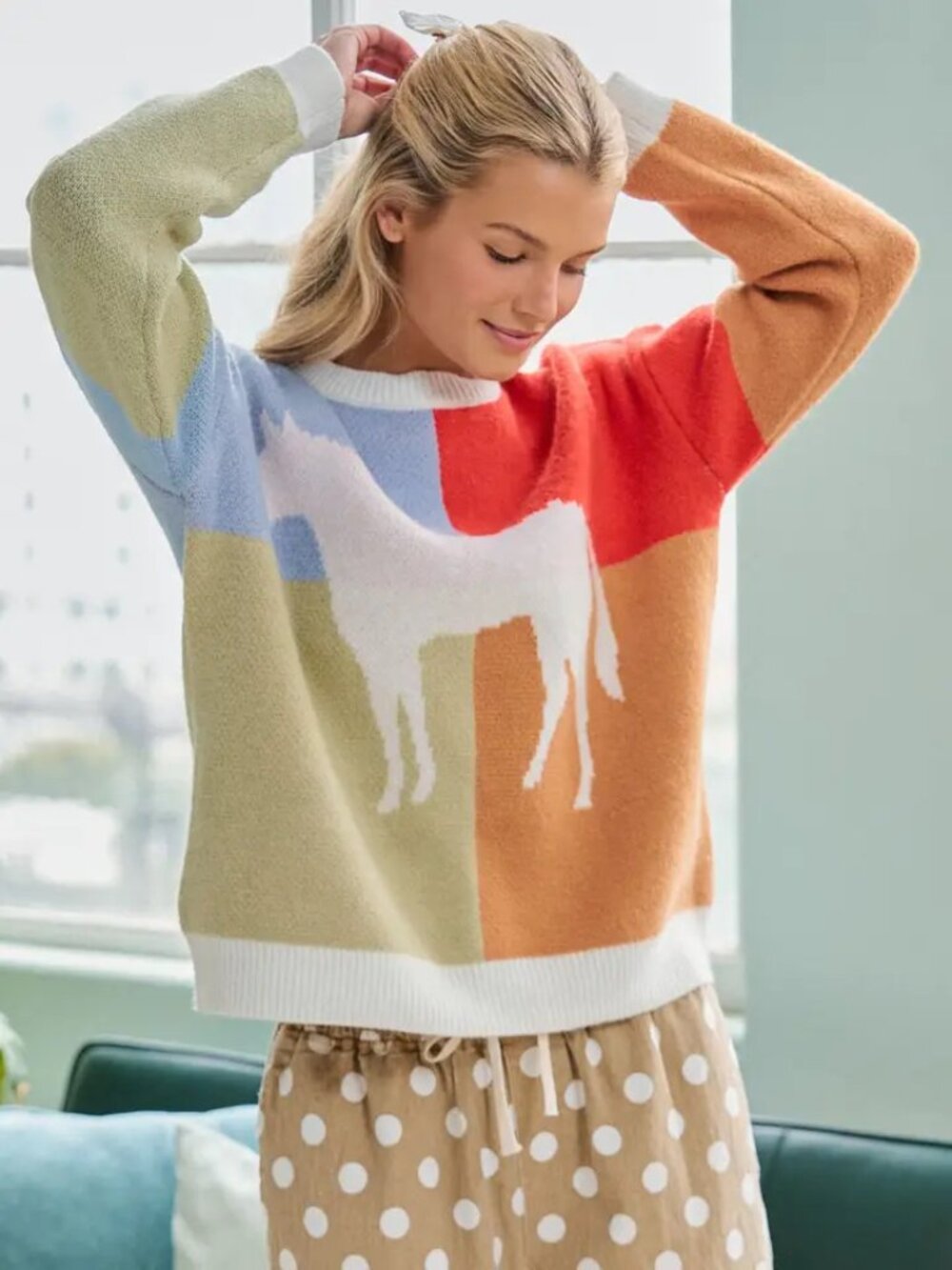 Color Block Horse Knit Sweater NEW
